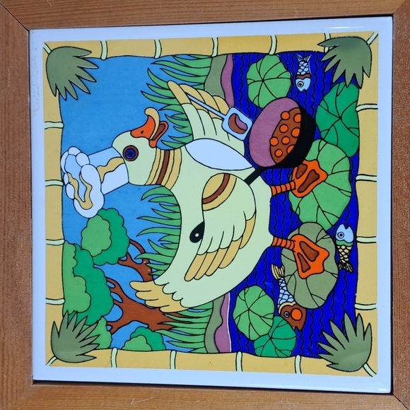 Vintage Gailstyn Sutton set of 4 ceramic tile framed wall hanging art trivets - Picture 5 of 6
